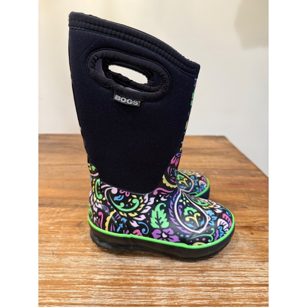 Bogs Kids Black Floral Paisley Rain Boots with Neon Green Trim